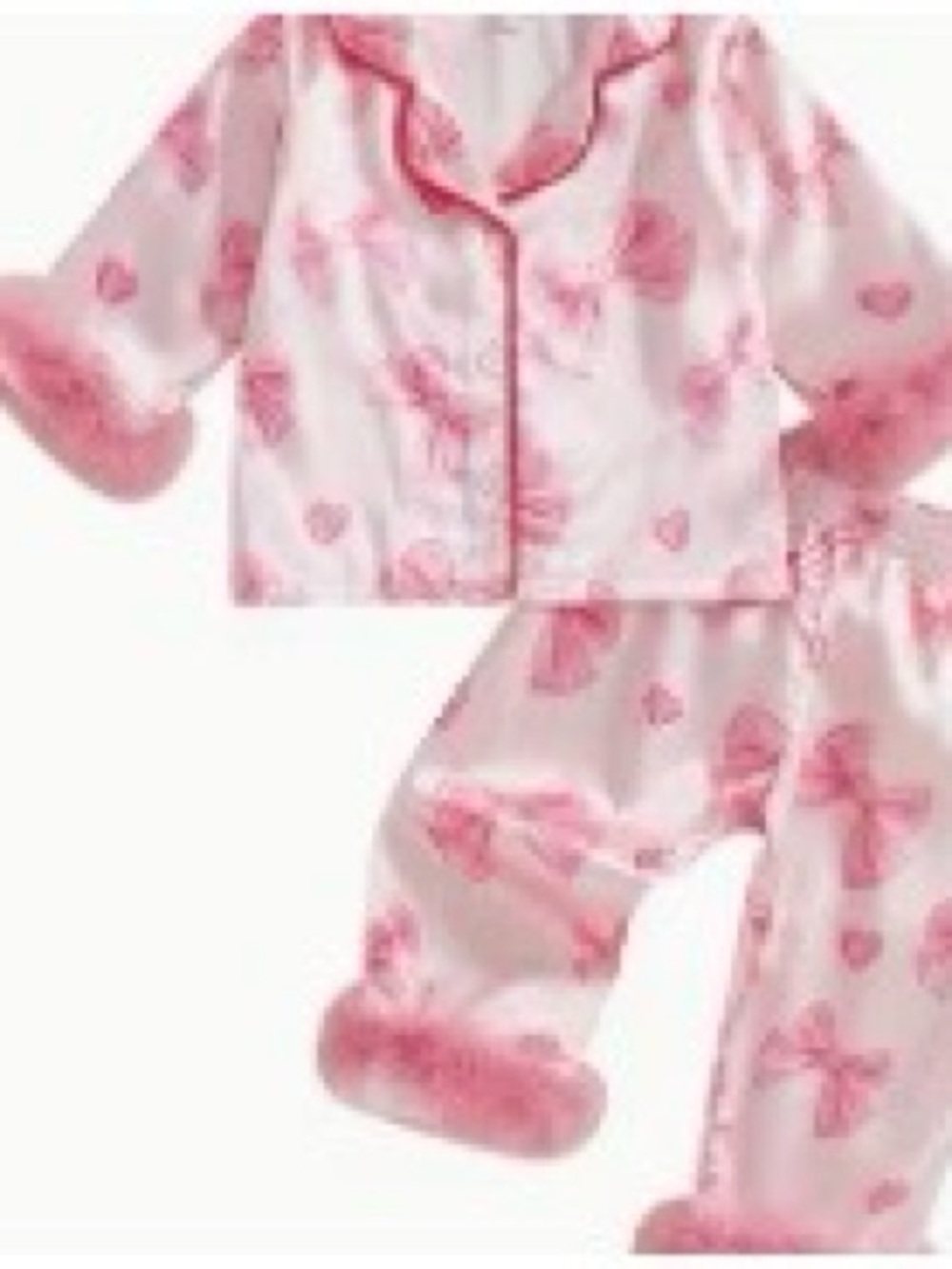 Girls Pink Heart Satin Pajama Set with Faux Fur Trim